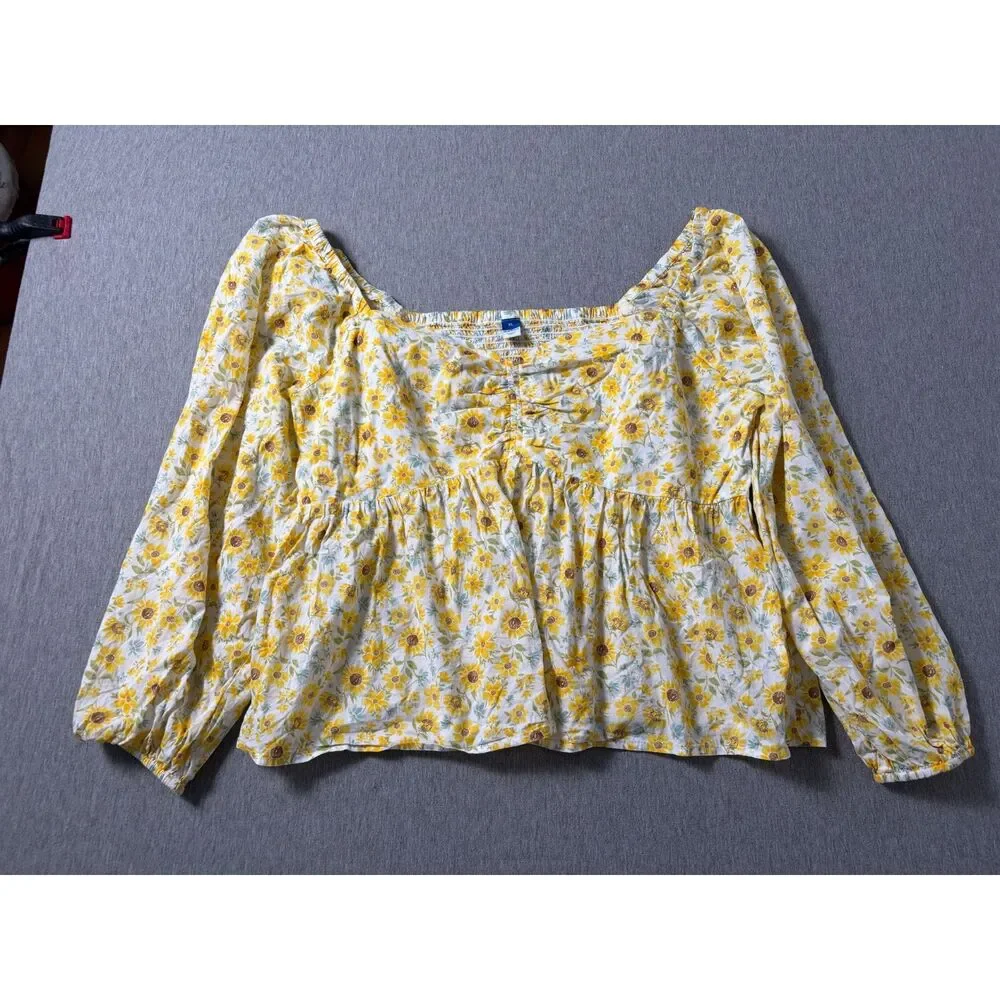 Old Navy Sunflower Peplum Smocked Square Neck Blouse Peasant Puff Long Sleeve XL